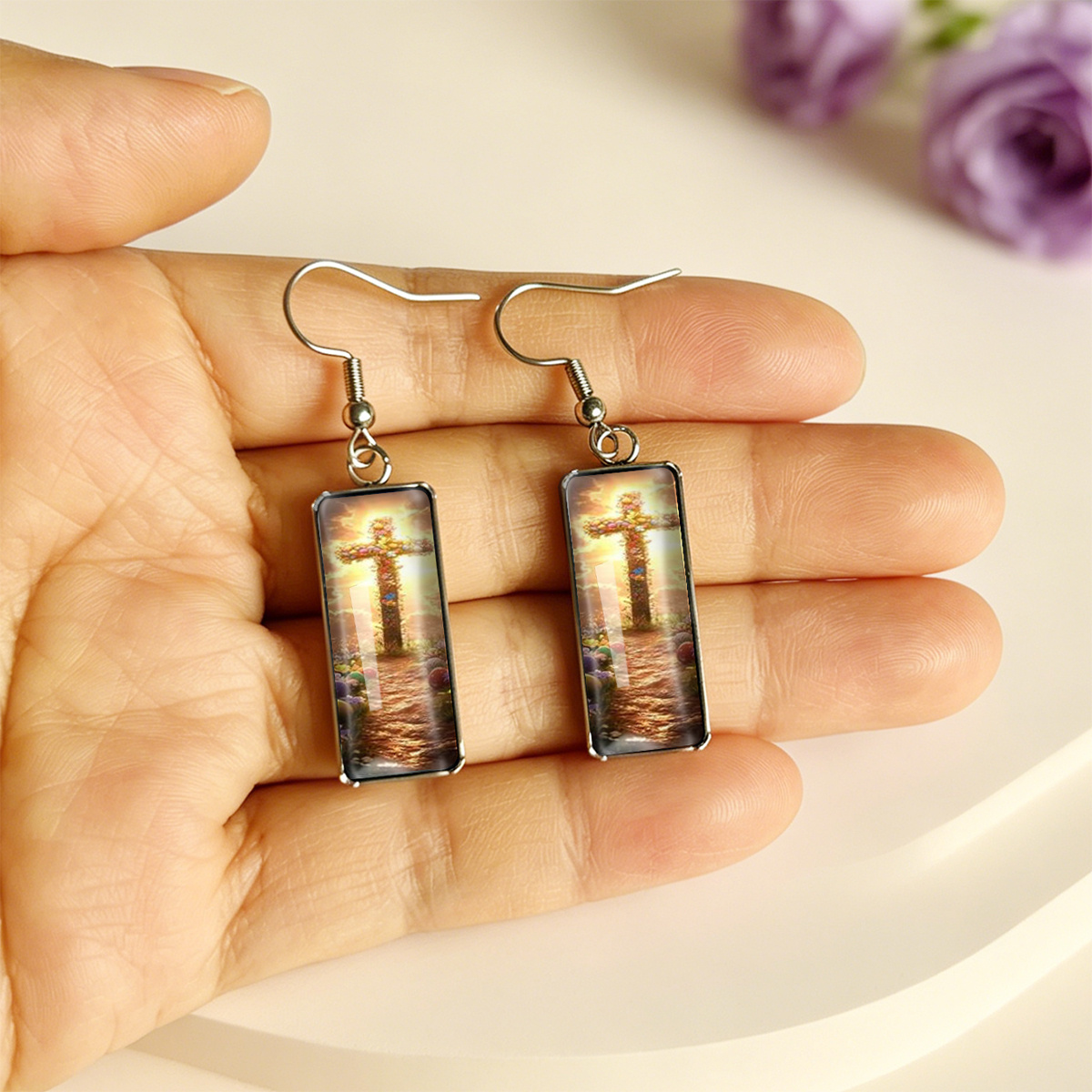 Rectangular Stainless Steel Time Gem Earrings with Cross Pattern